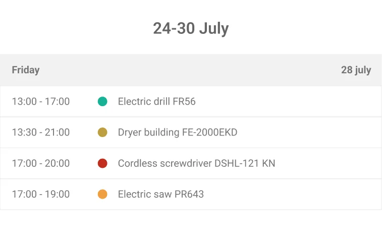 Rental calendar showing availability across items